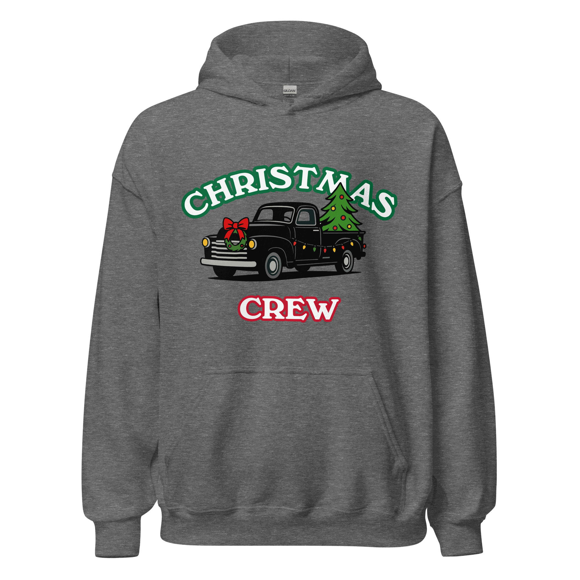 Grey Christmas Crew hoodie with vintage truck carrying Christmas tree and wreath design, cozy festive family sweatshirt