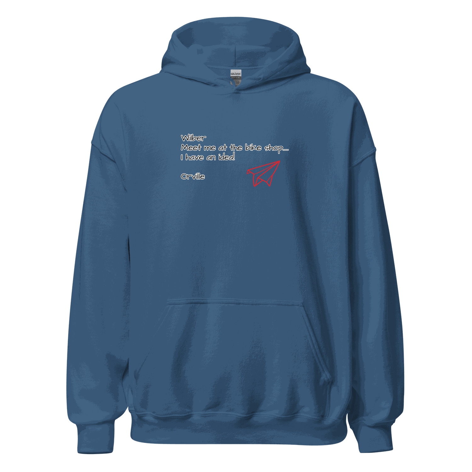 Blue Bike Shop unisex hoodie with front pouch pocket and paper plane graphic design