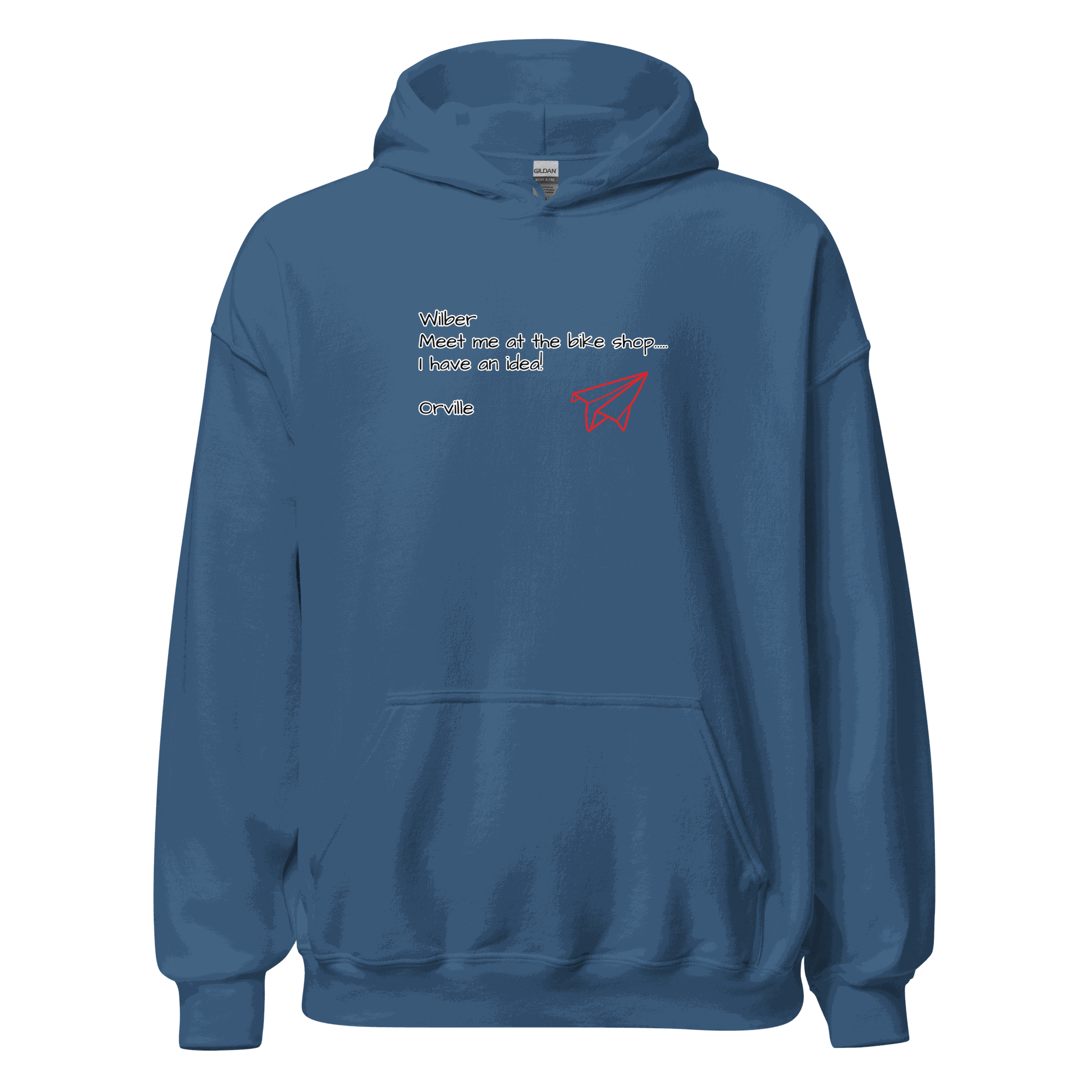 Blue Bike Shop unisex hoodie with front pouch pocket and paper plane graphic design