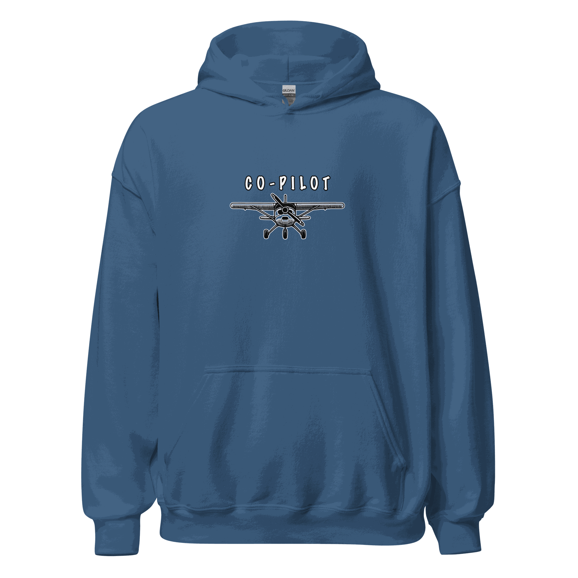 Co-Pilot Unisex Hoodie blue with airplane graphic and adjustable hood