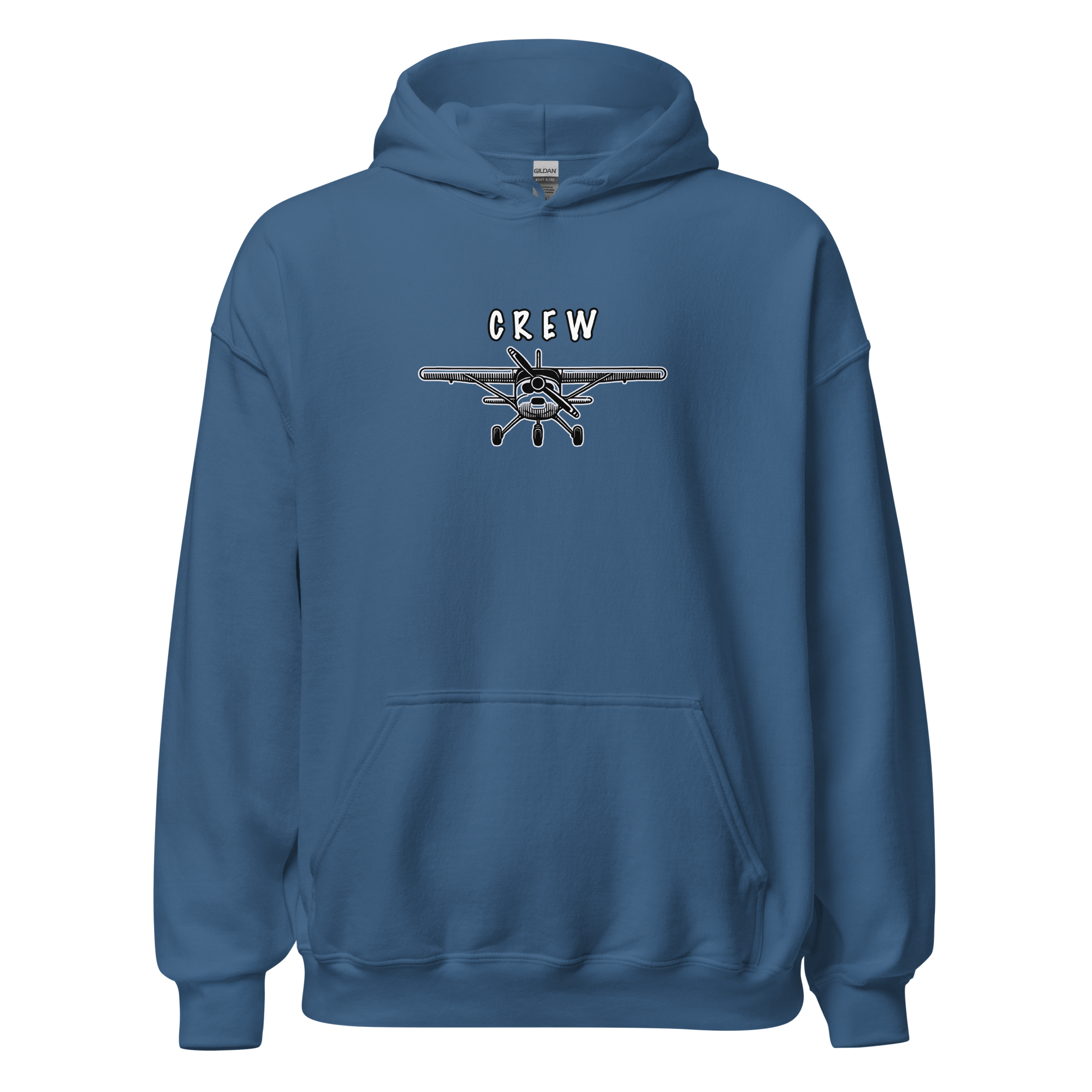Blue Crew Unisex Hoodie with airplane graphic and front pouch pocket