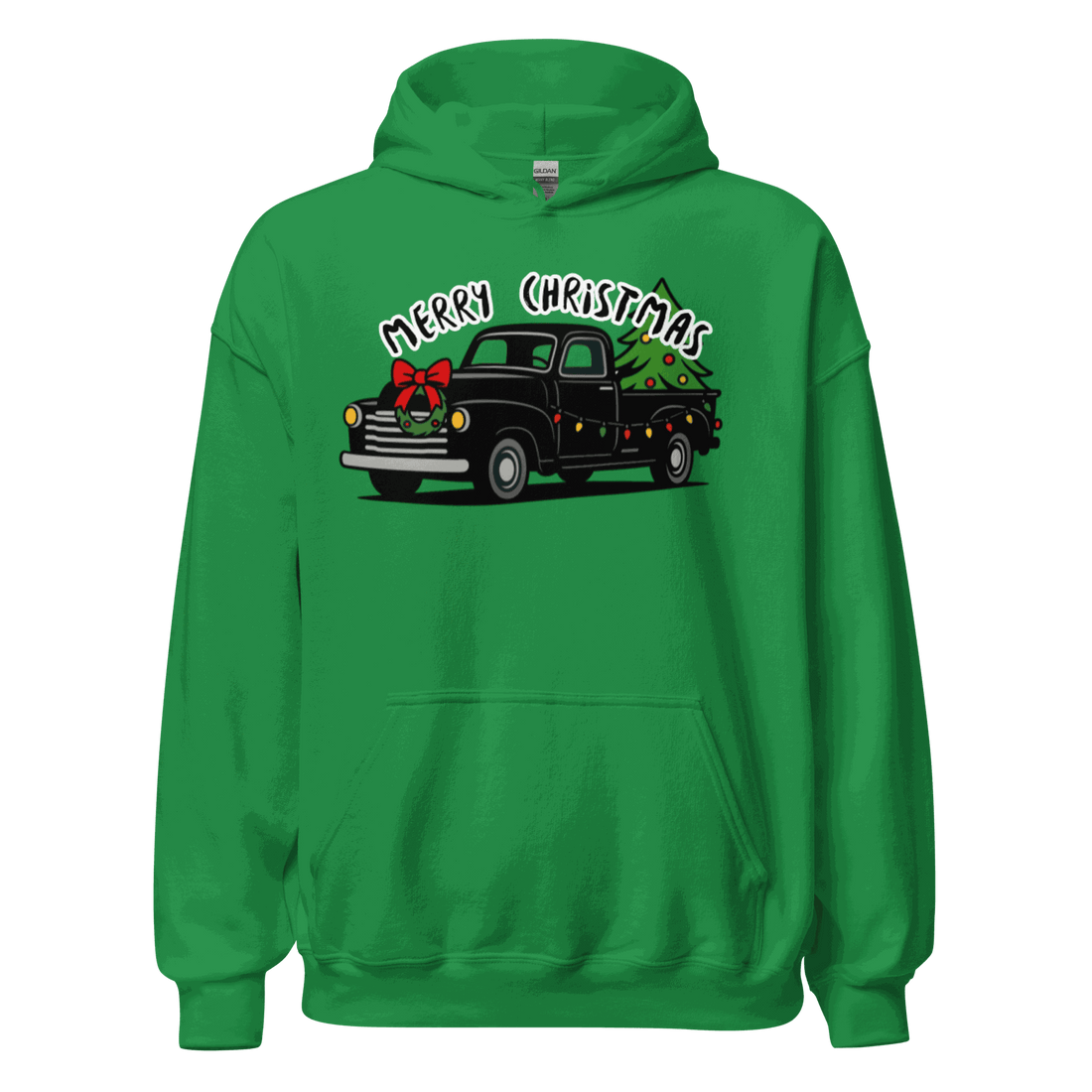 Green Christmas Classics Truck Hoodie with vintage truck and holiday tree design