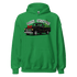 Green Christmas Classics Truck Hoodie with vintage truck and holiday tree design