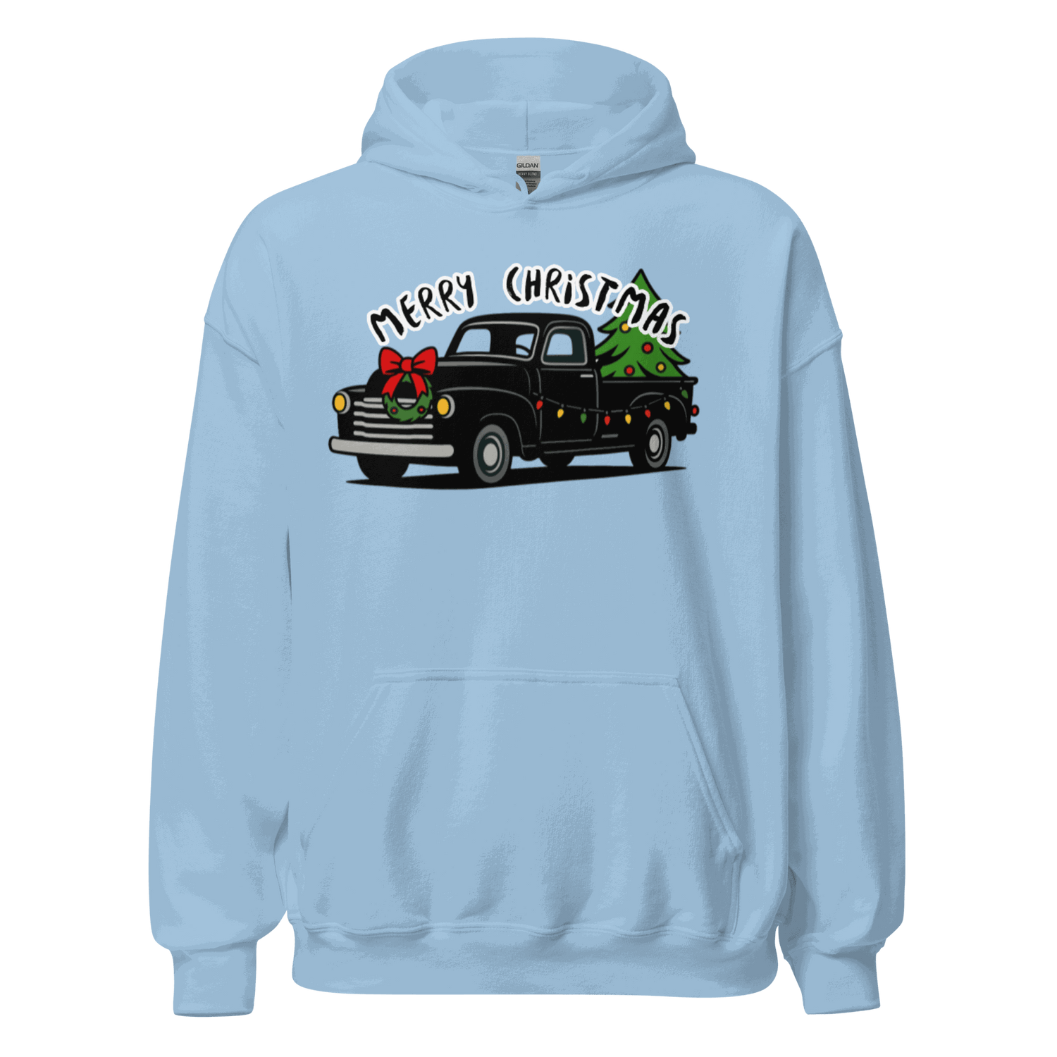 Light blue Christmas Classics Truck Hoodie with vintage truck and tree design, cozy and soft fabric for cooler evenings