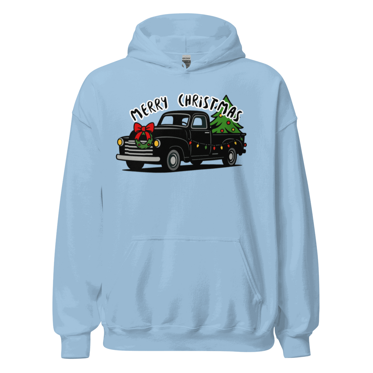 Light blue Christmas Classics Truck Hoodie with vintage truck and tree design, cozy and soft fabric for cooler evenings