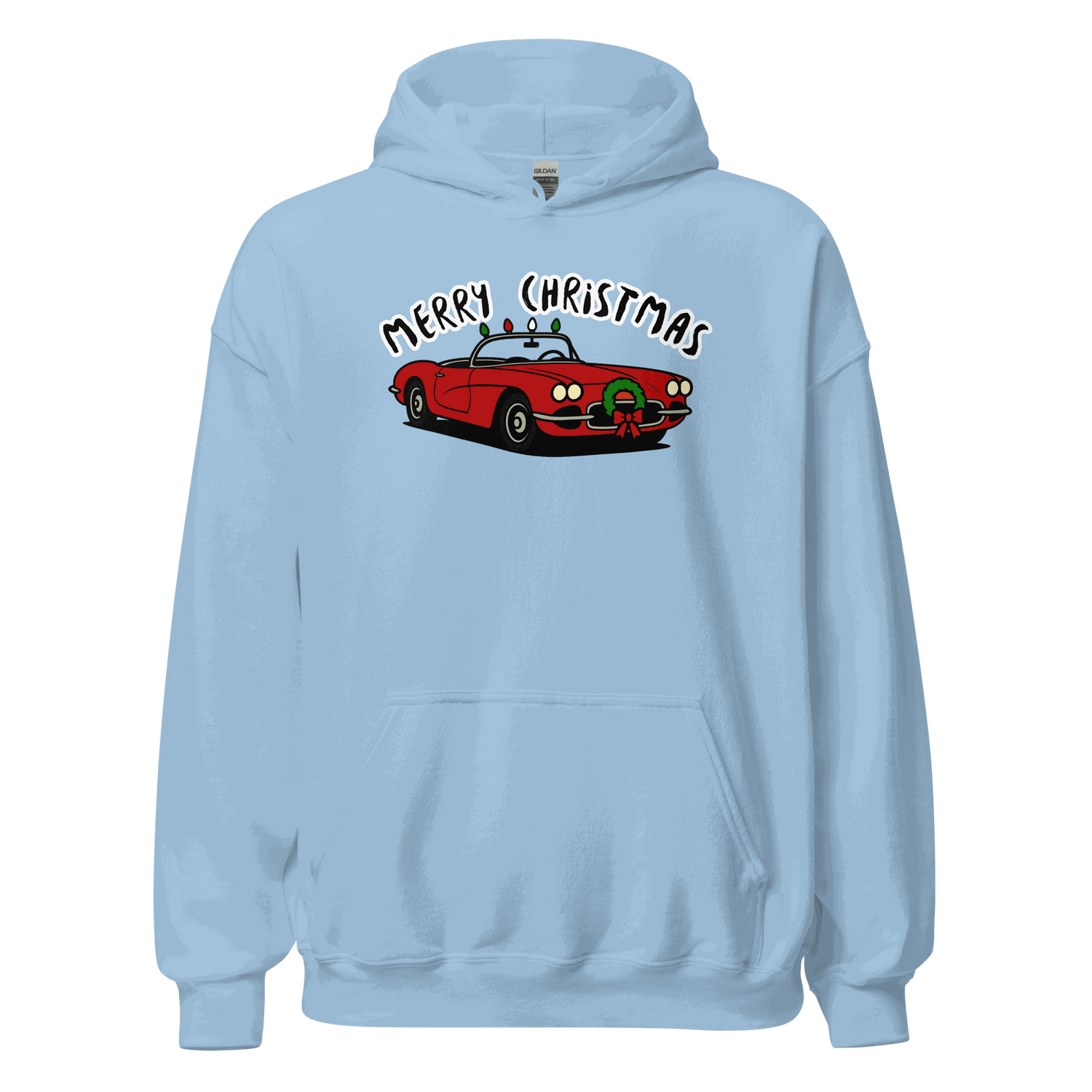 Light blue Christmas Sports Car Hoodie with red sports car and Merry Christmas text design, cozy and soft fabric with front pouch pocket and double-lined hood
