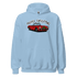Light blue Christmas Sports Car Hoodie with red sports car and Merry Christmas text design, cozy and soft fabric with front pouch pocket and double-lined hood