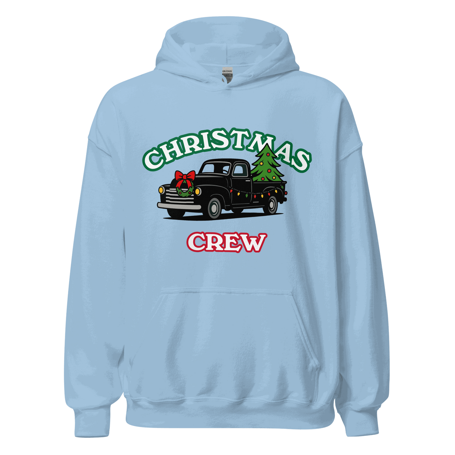Light blue Matching Christmas Family Hoodie Set with festive black truck, Christmas tree, and &quot;CHRISTMAS CREW&quot; text design