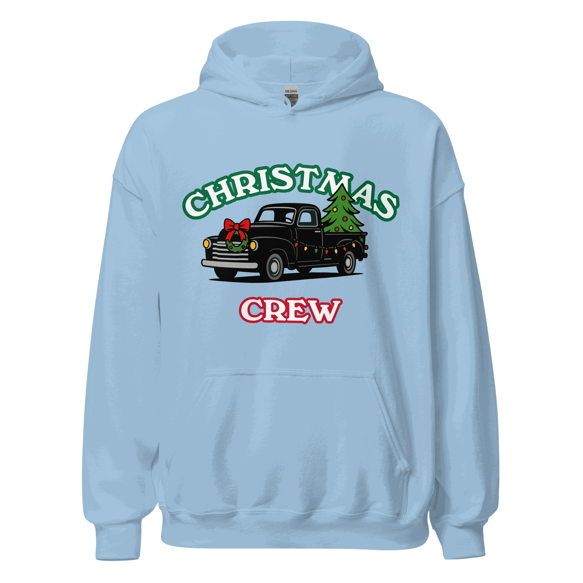 Light blue Matching Christmas Family Hoodie Set with festive black truck, Christmas tree, and &quot;CHRISTMAS CREW&quot; text design
