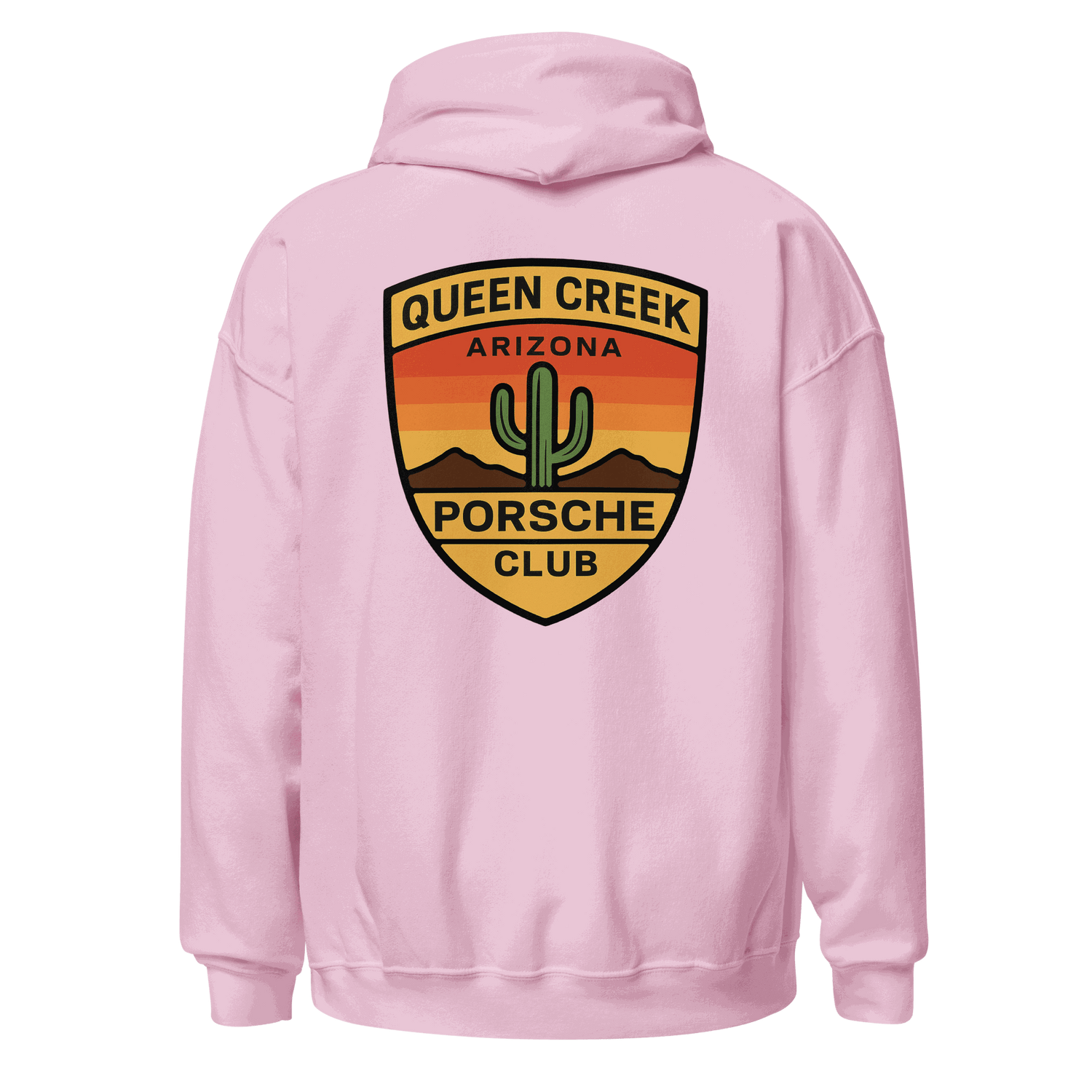 Queen Creek PCAR Club unisex hoodie in pink with Arizona desert logo on back, soft cotton blend fabric, double-lined hood and front pouch pocket