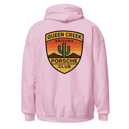 Queen Creek PCAR Club unisex hoodie in pink with Arizona desert logo on back, soft cotton blend fabric, double-lined hood and front pouch pocket