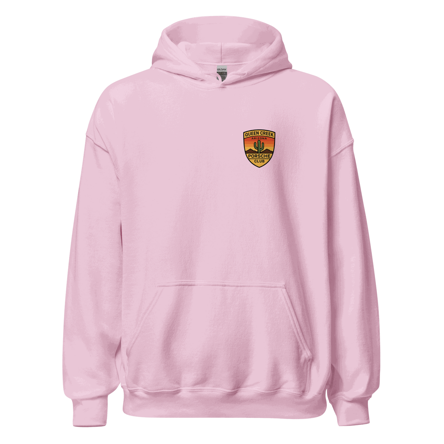 Queen Creek PCAR Club soft unisex pink hoodie with front pouch pocket and double-lined hood