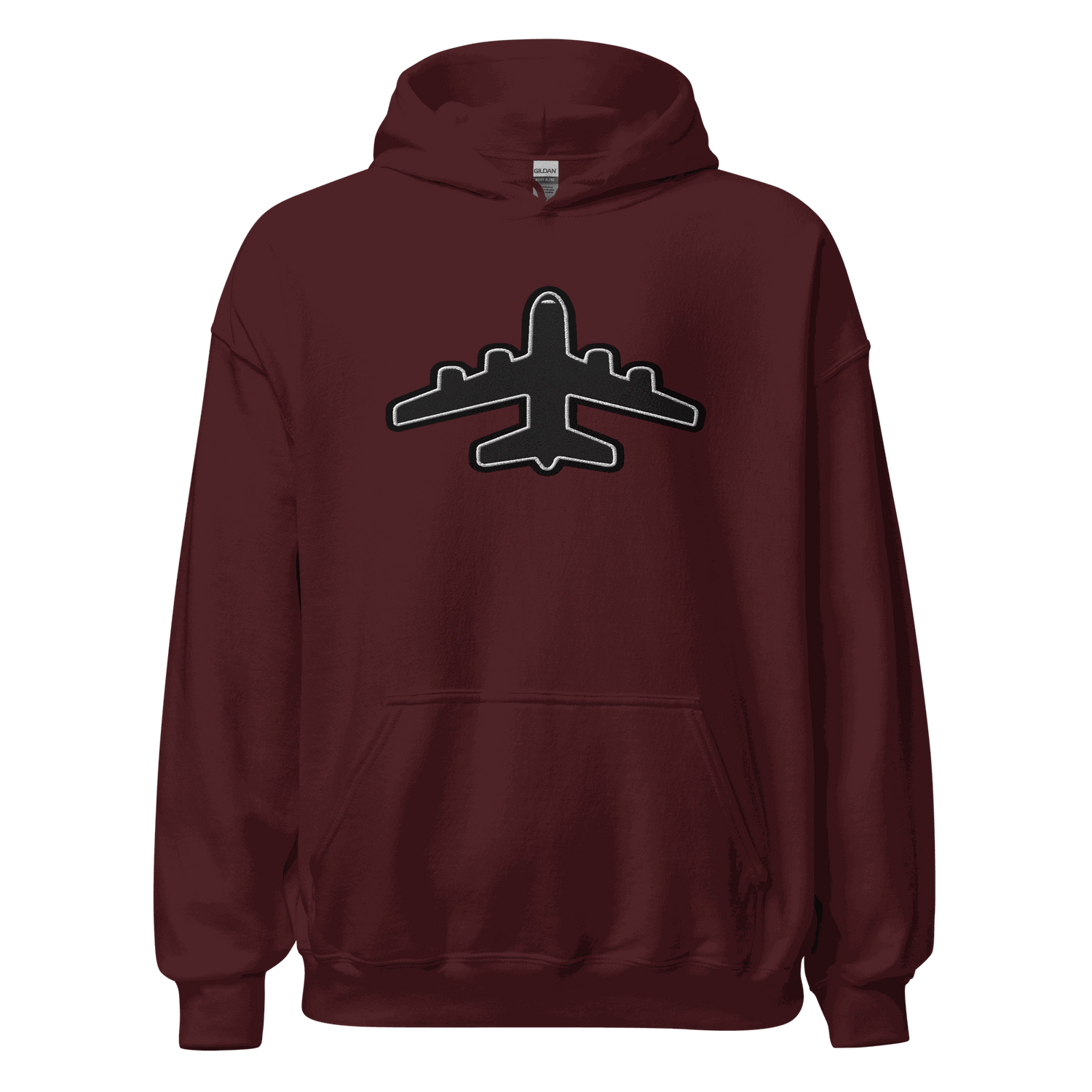 Jumbo Jet pilot hoodie maroon with airplane graphic, soft cotton-poly blend, front pouch pocket, double-lined hood, and rib-knit cuffs.