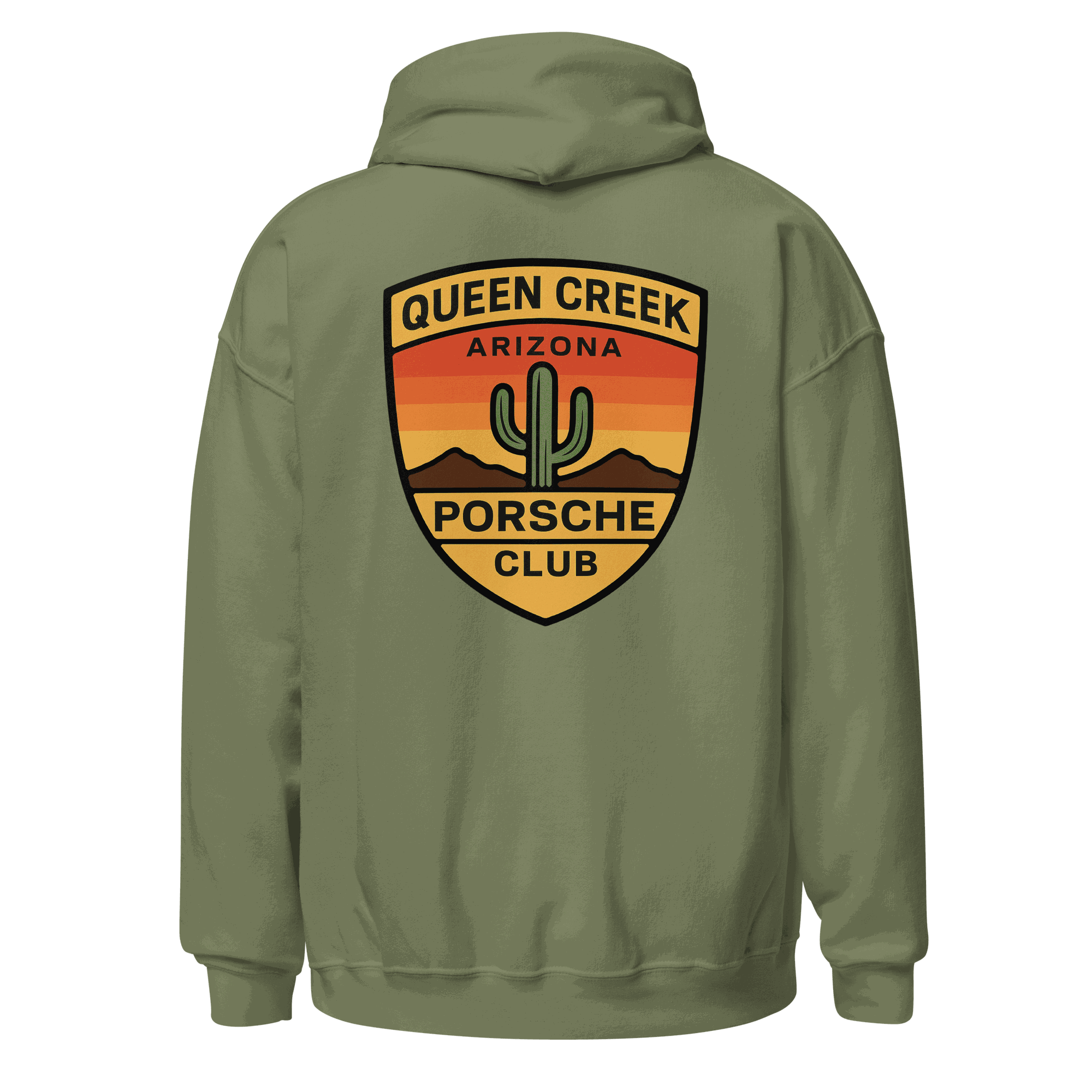 Queen Creek PCAR Club unisex olive green hoodie with Arizona Porsche Club logo on back, soft cotton-polyester blend, front pouch pocket and drawstring hood