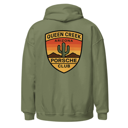 Queen Creek PCAR Club unisex olive green hoodie with Arizona Porsche Club logo on back, soft cotton-polyester blend, front pouch pocket and drawstring hood