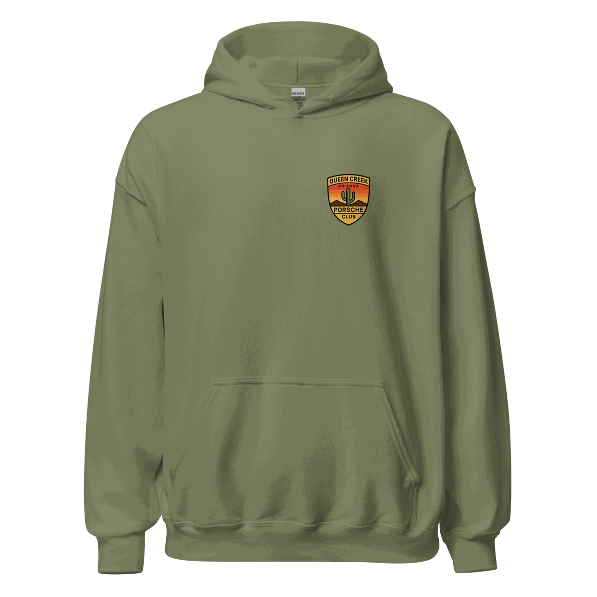 Queen Creek PCAR Club unisex green hoodie with front pocket and logo patch