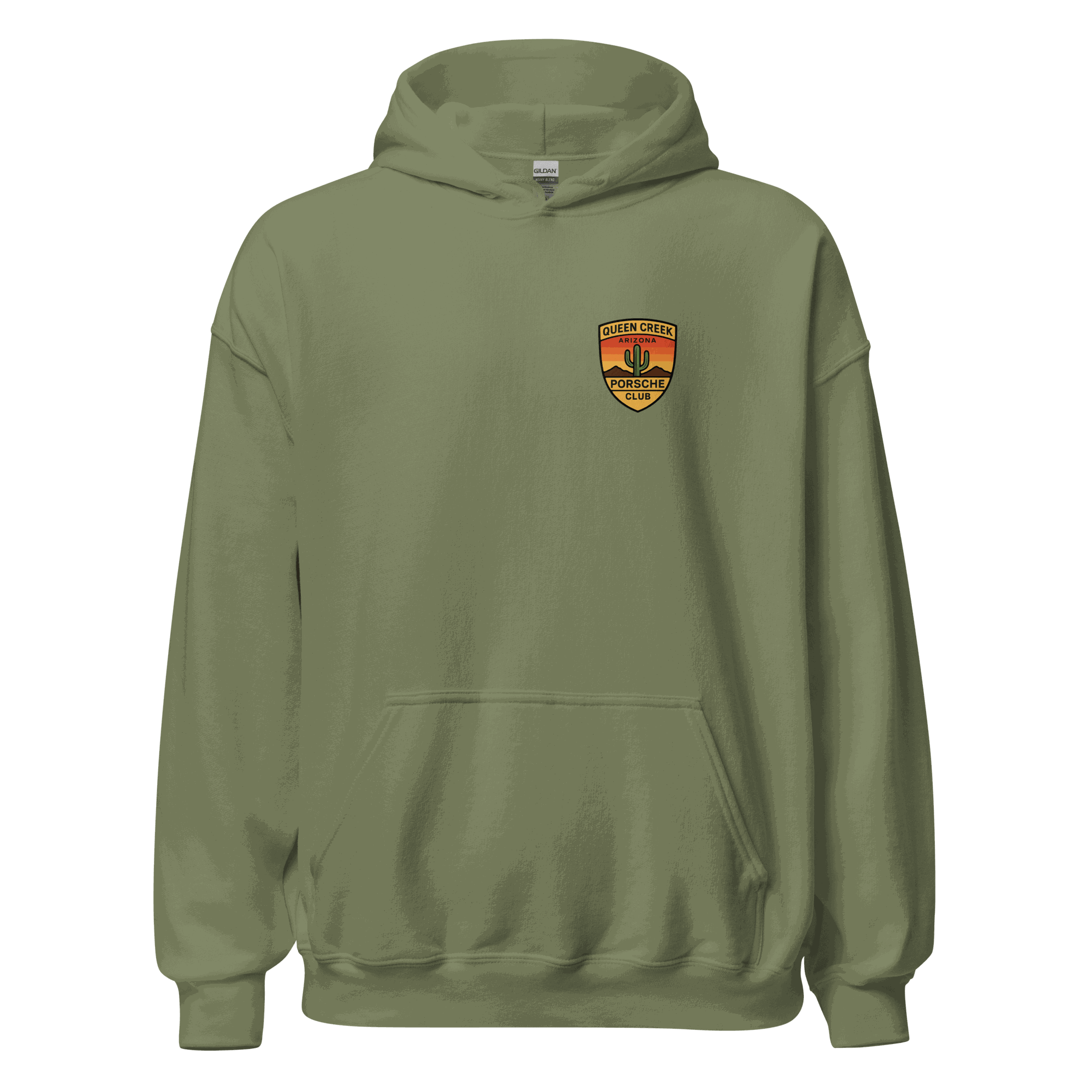 Queen Creek PCAR Club unisex green hoodie with front pocket and logo patch