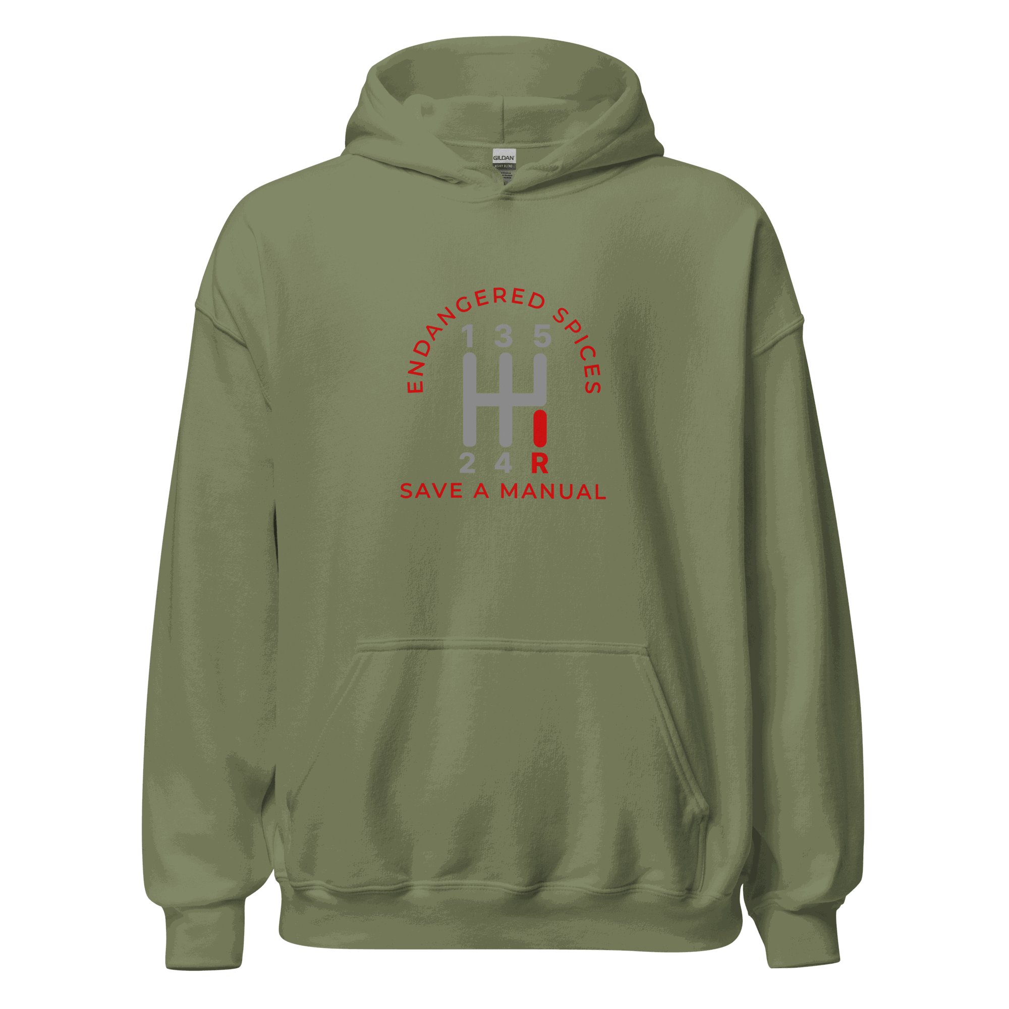 Olive green Endangered Species Hoodie with manual car gear shift design and &quot;Save a Manual&quot; text, cozy soft fabric hoodie for cool weather