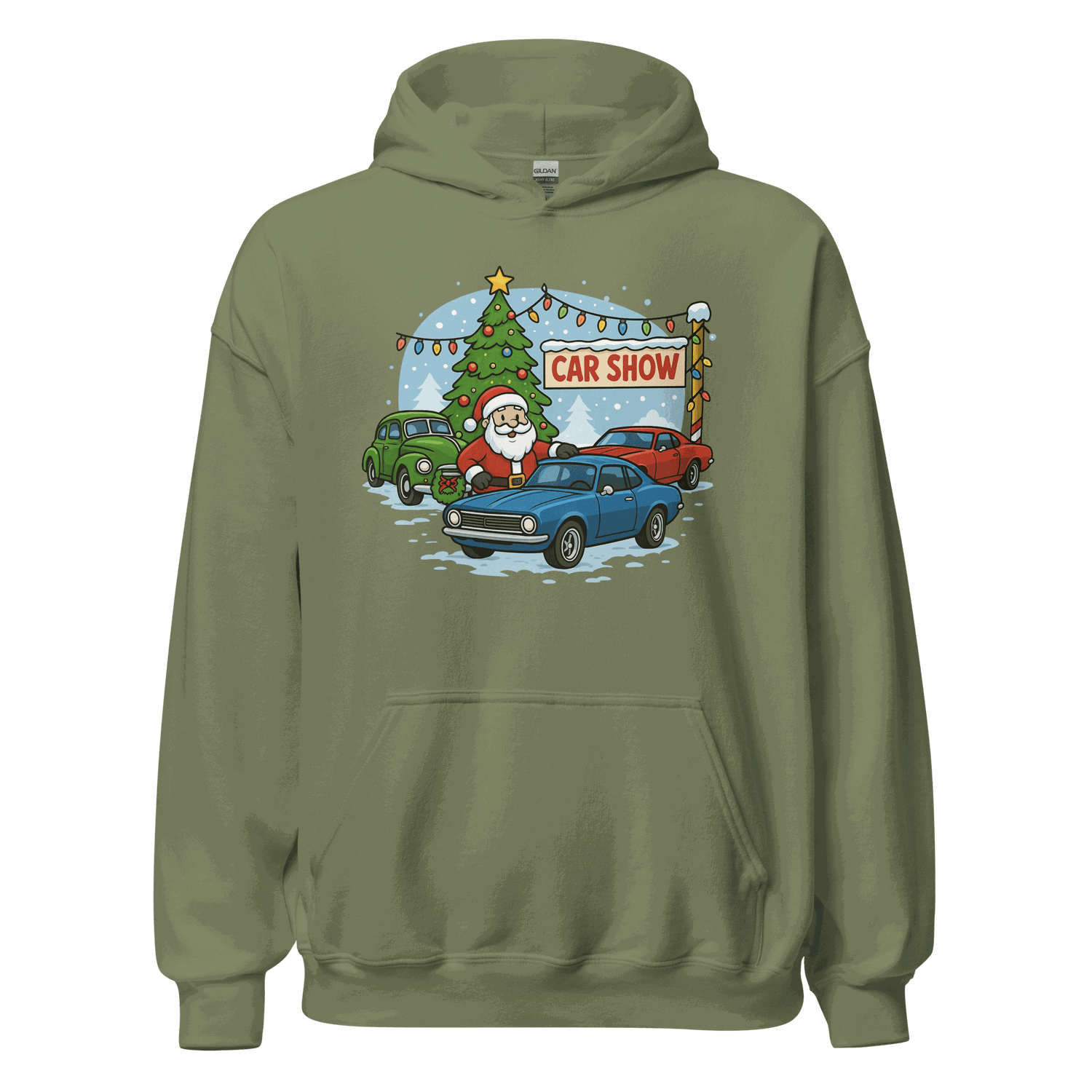Car Show Christmas Hoodie with Santa, cars, and Christmas tree design on green cozy hoodie