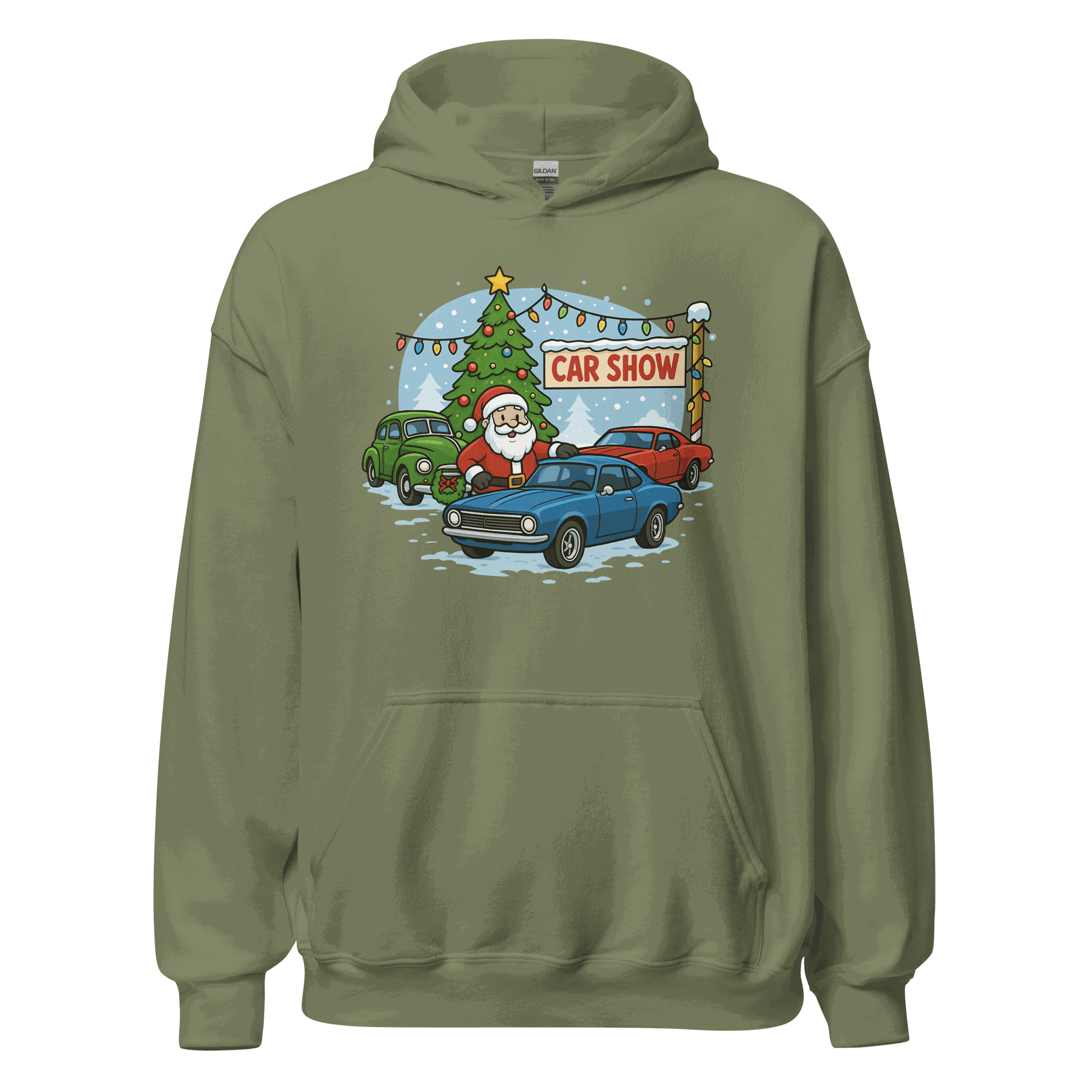 Car Show Christmas Hoodie with Santa, cars, and Christmas tree design on green cozy hoodie
