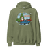 Car Show Christmas Hoodie with Santa, cars, and Christmas tree design on green cozy hoodie