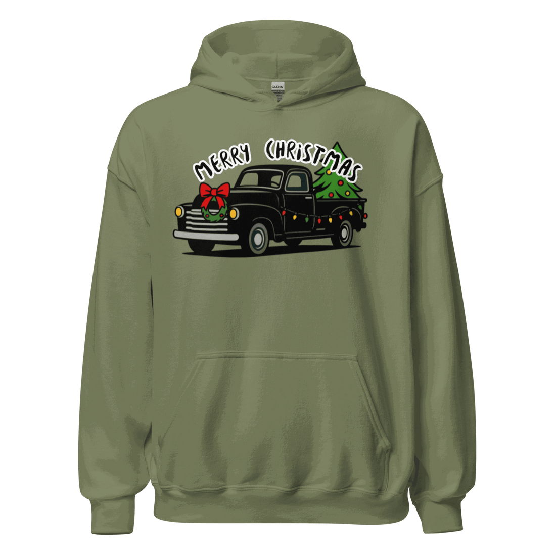 Christmas Classics Truck Hoodie in olive green with festive vintage truck and Christmas tree design, soft and cozy fabric.