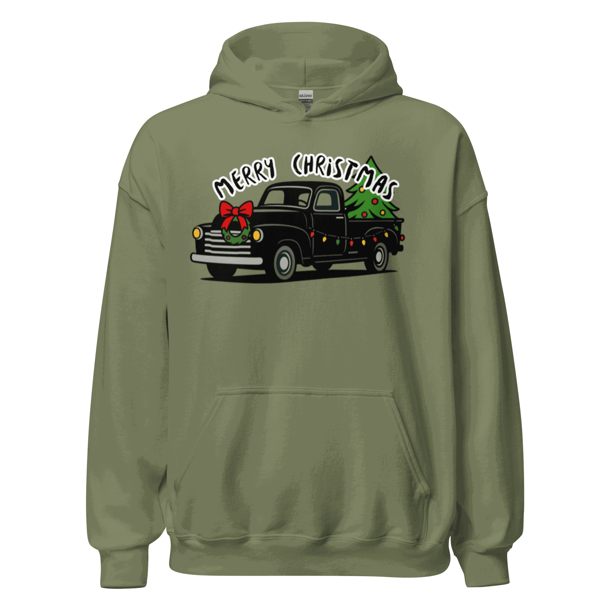Christmas Classics Truck Hoodie in olive green with festive vintage truck and Christmas tree design, soft and cozy fabric.