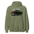 Christmas Classics Truck Hoodie in olive green with festive vintage truck and Christmas tree design, soft and cozy fabric.