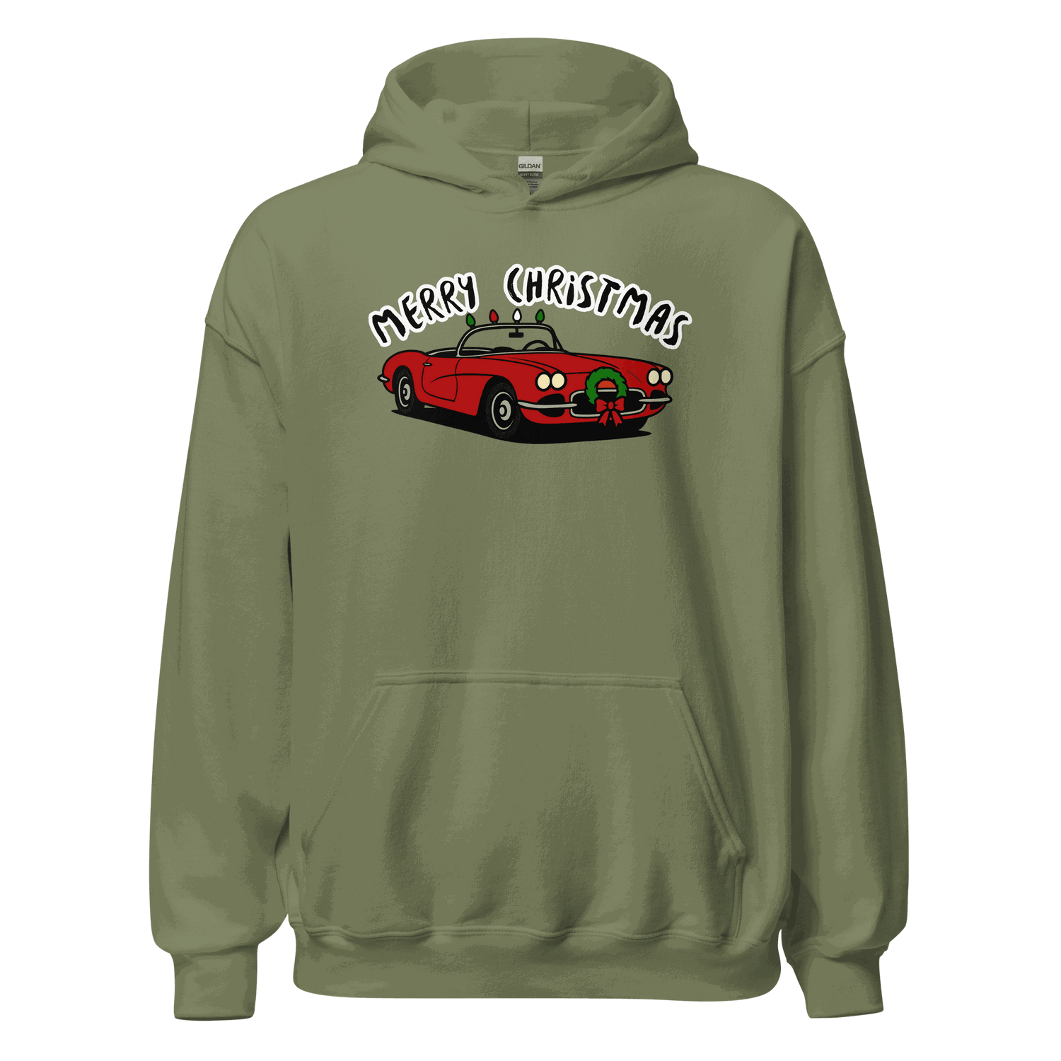 Christmas Sports Car Hoodie with red car and wreath design on green cozy sweatshirt