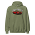 Christmas Sports Car Hoodie with red car and wreath design on green cozy sweatshirt