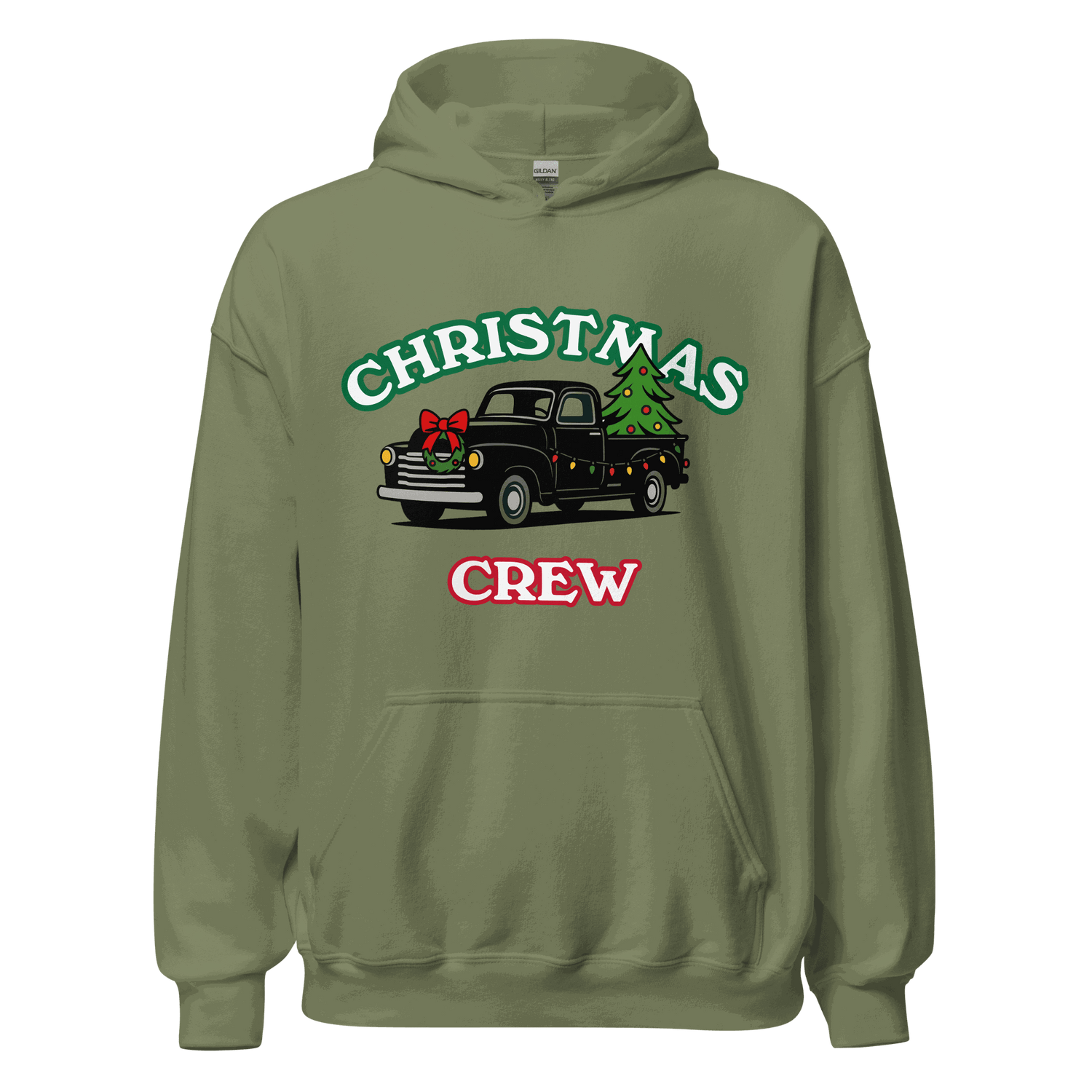 Olive green matching Christmas family hoodie set with vintage truck, Christmas tree, and &quot;Christmas Crew&quot; text festive holiday sweatshirt