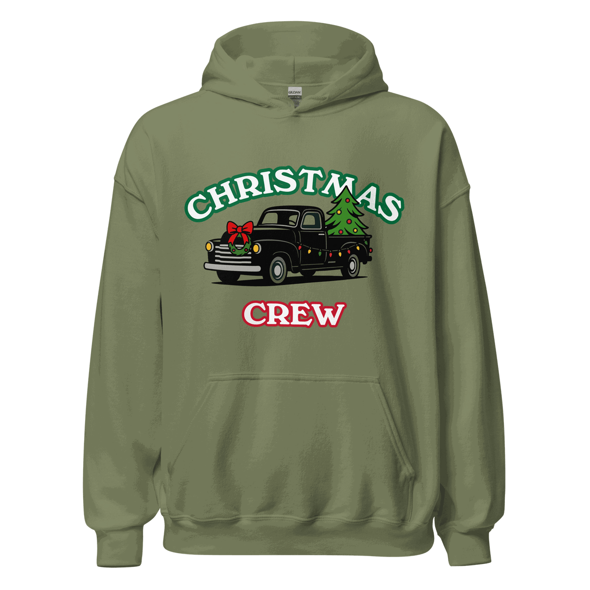 Olive green matching Christmas family hoodie set with vintage truck, Christmas tree, and "Christmas Crew" text festive holiday sweatshirt