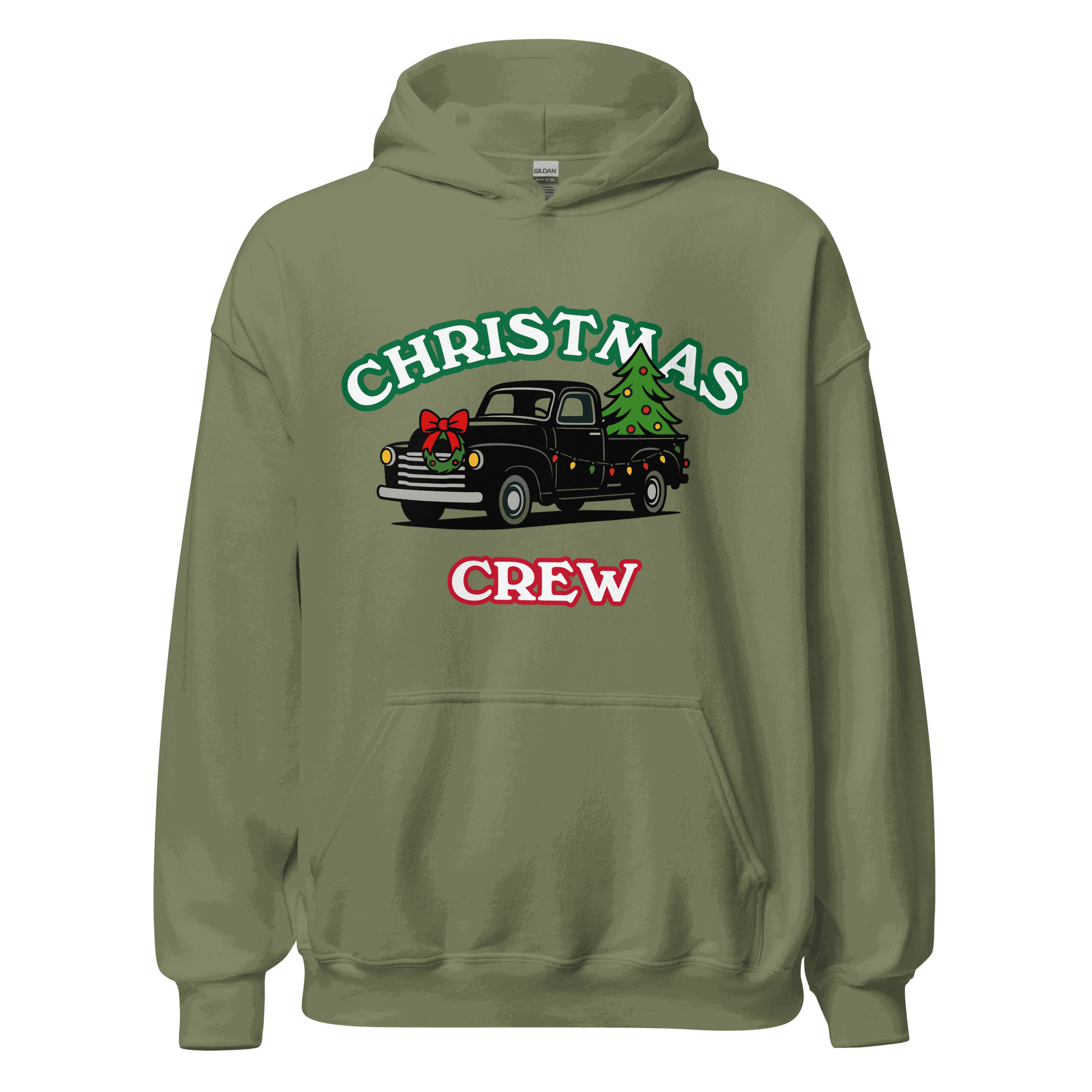 Olive green matching Christmas family hoodie set with vintage truck, Christmas tree, and &quot;Christmas Crew&quot; text festive holiday sweatshirt