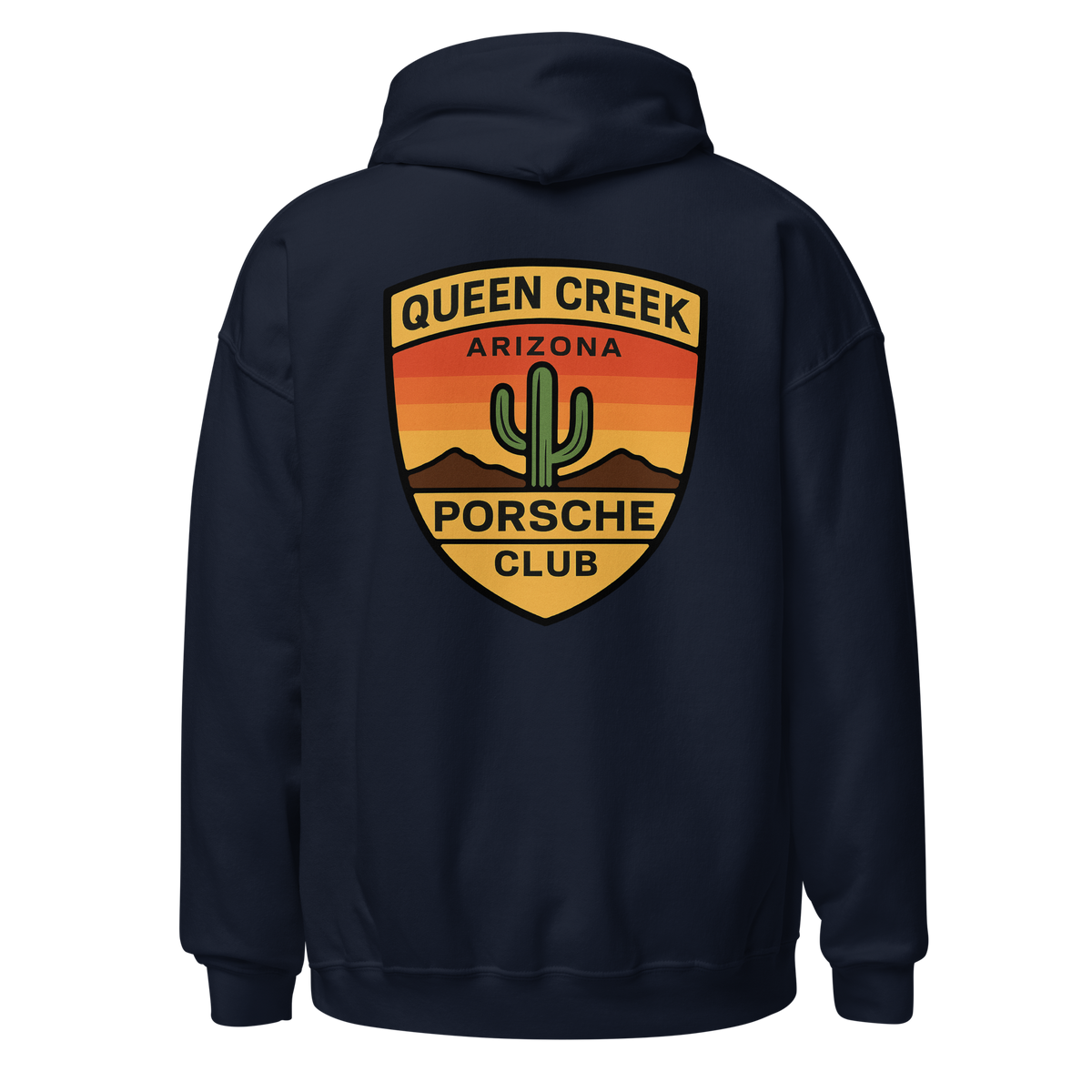 Queen Creek PCAR Club unisex hoodie with Arizona desert logo on navy blue fabric