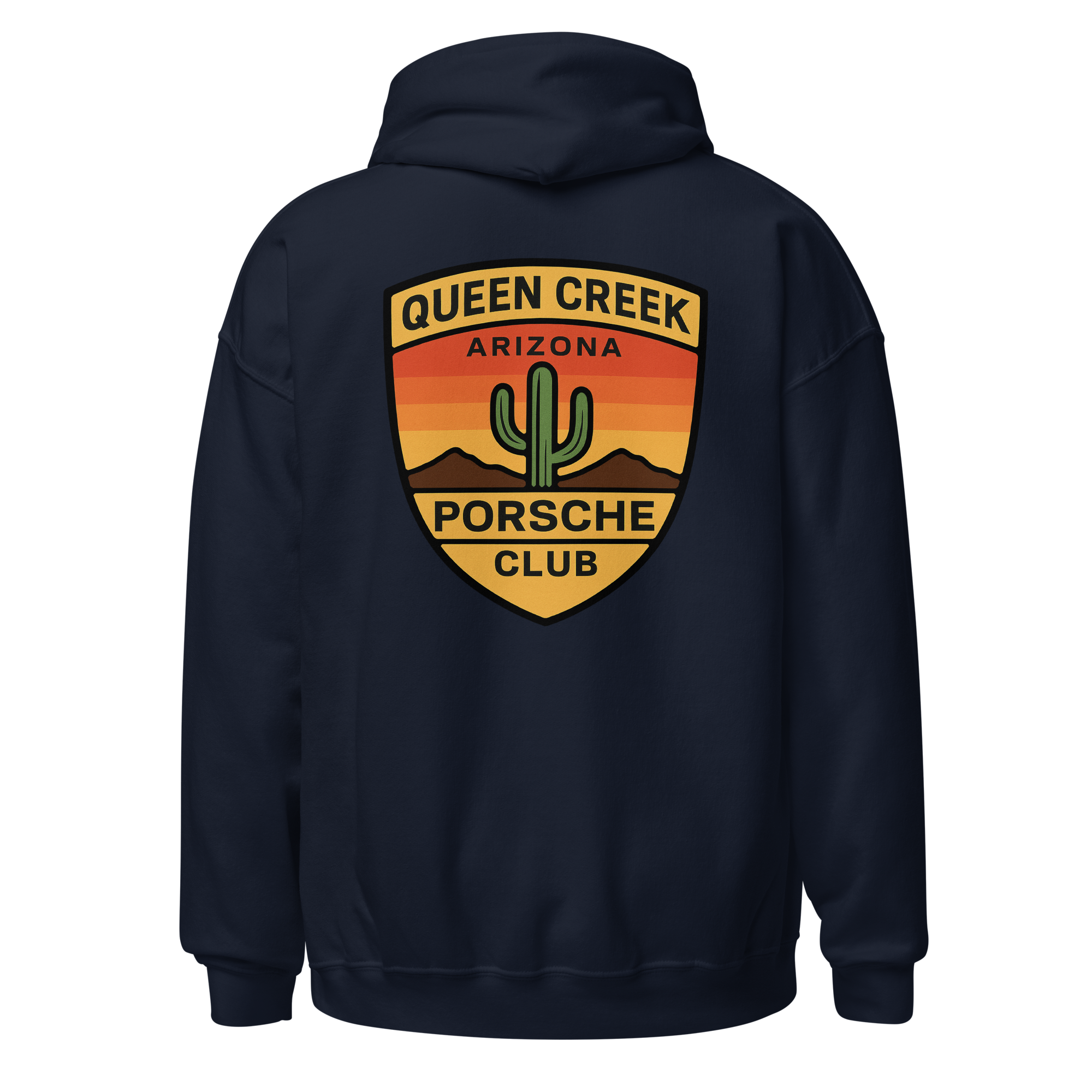 Queen Creek PCAR Club unisex hoodie with Arizona desert logo on navy blue fabric