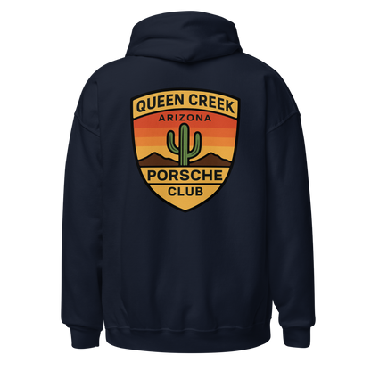 Queen Creek PCAR Club unisex hoodie with Arizona desert logo on navy blue fabric