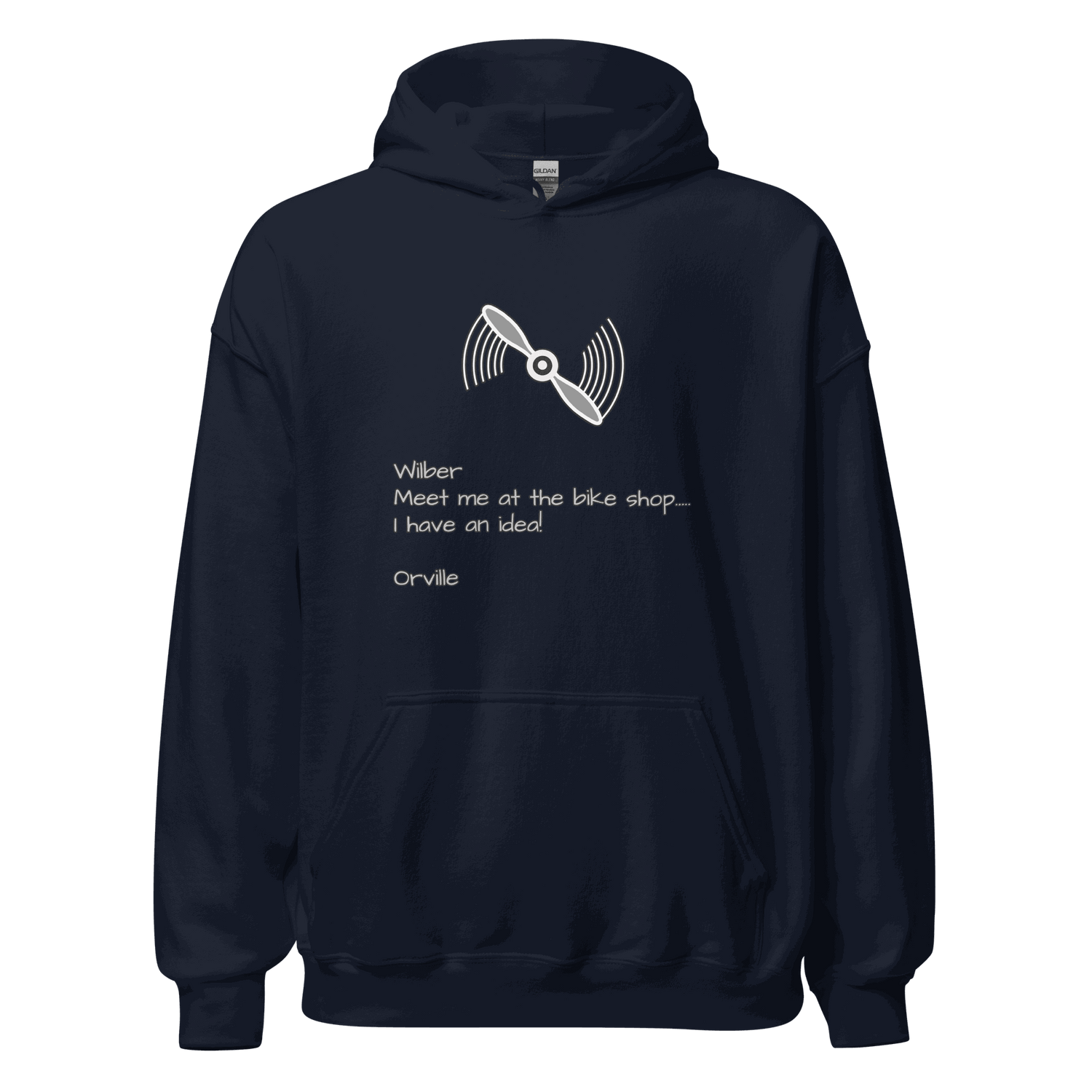 Wilber and Orville Bike Shop Hoodie navy blue with bike propeller graphic and front pouch pocket