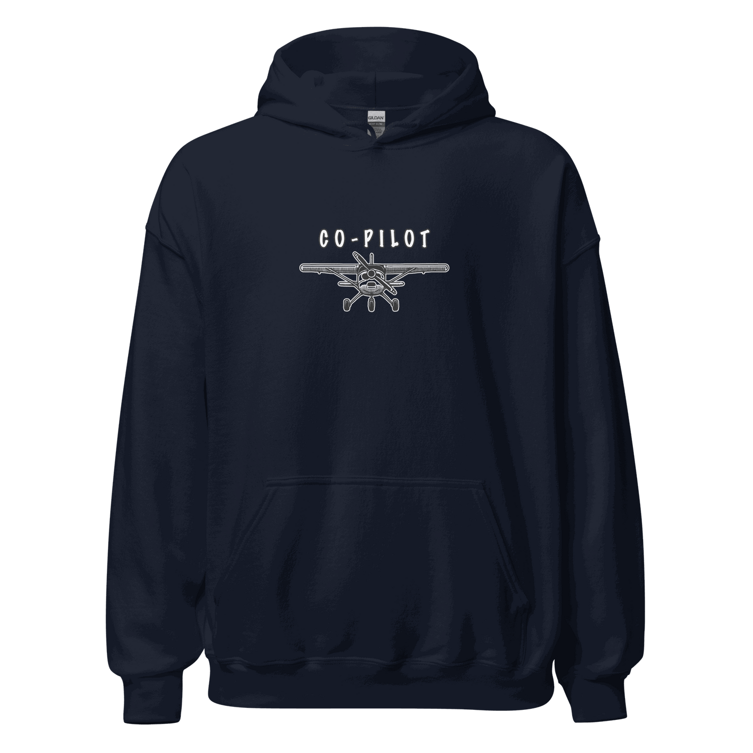 Co-Pilot Unisex Hoodie black with airplane graphic and adjustable hood
