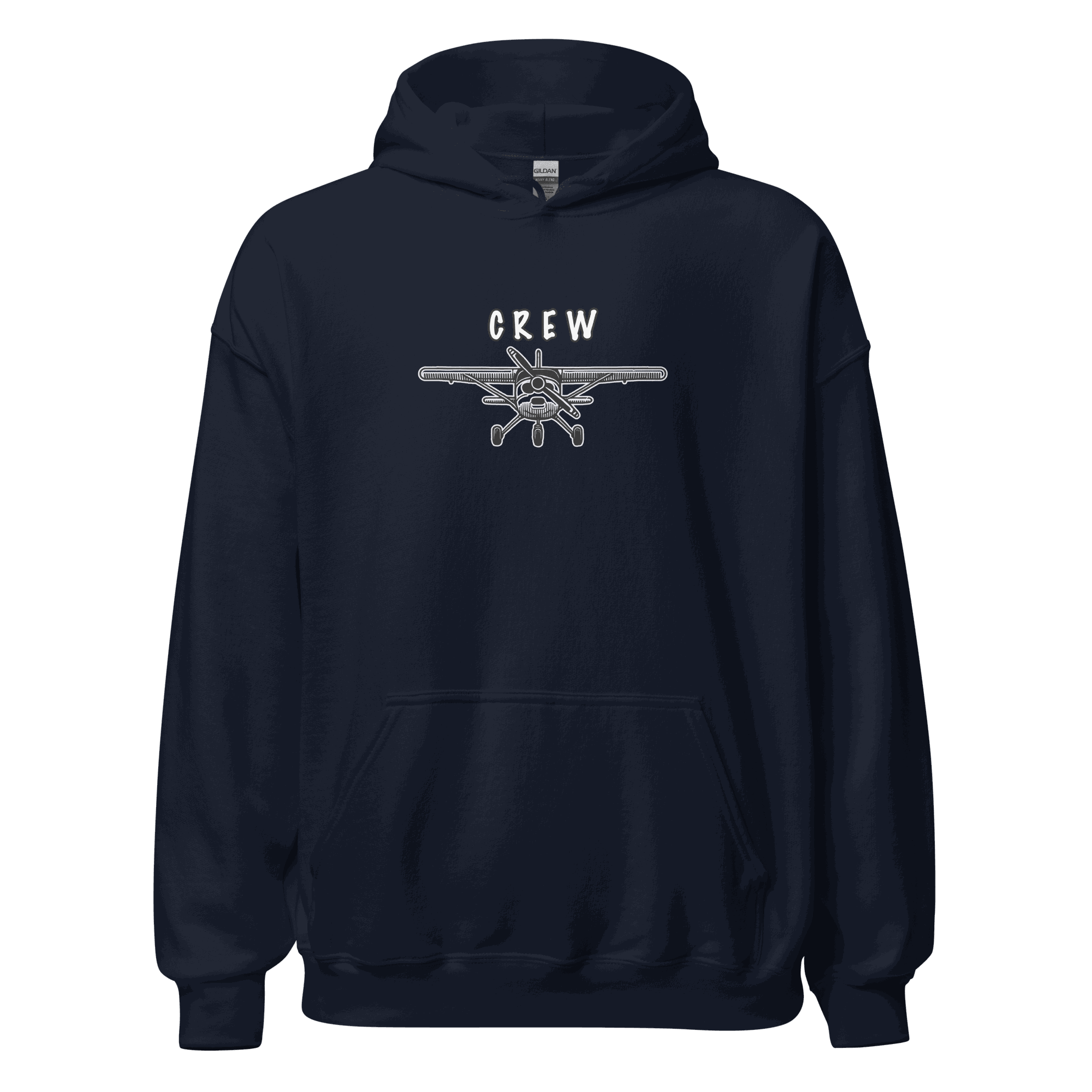 Crew unisex hoodie in navy blue with airplane graphic and front pouch pocket, made from soft cotton-polyester blend