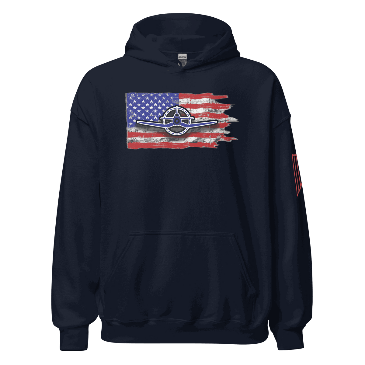 F4U Flag Unisex Hoodie front view with double-lined hood and front pouch pocket