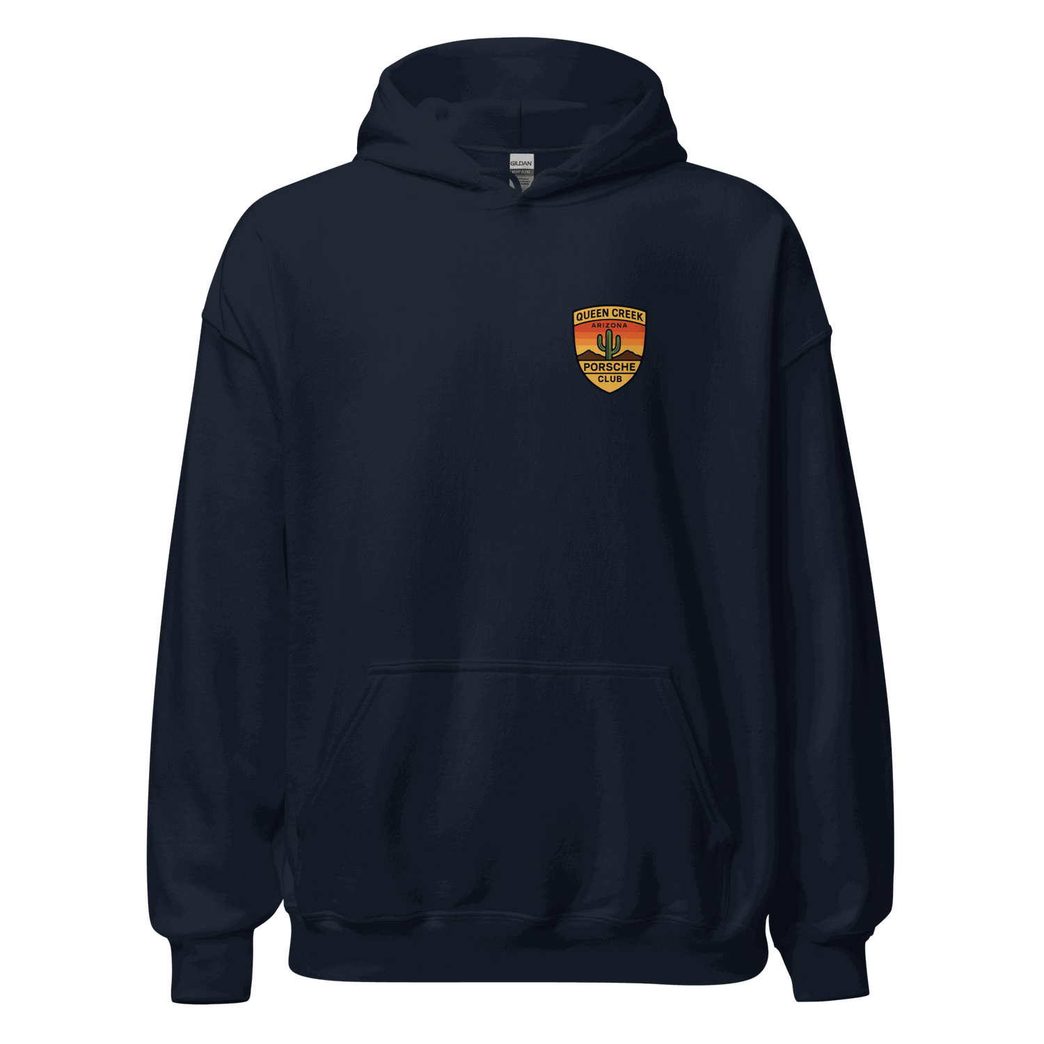Queen Creek PCAR Club unisex navy hoodie with front pouch pocket and logo emblem