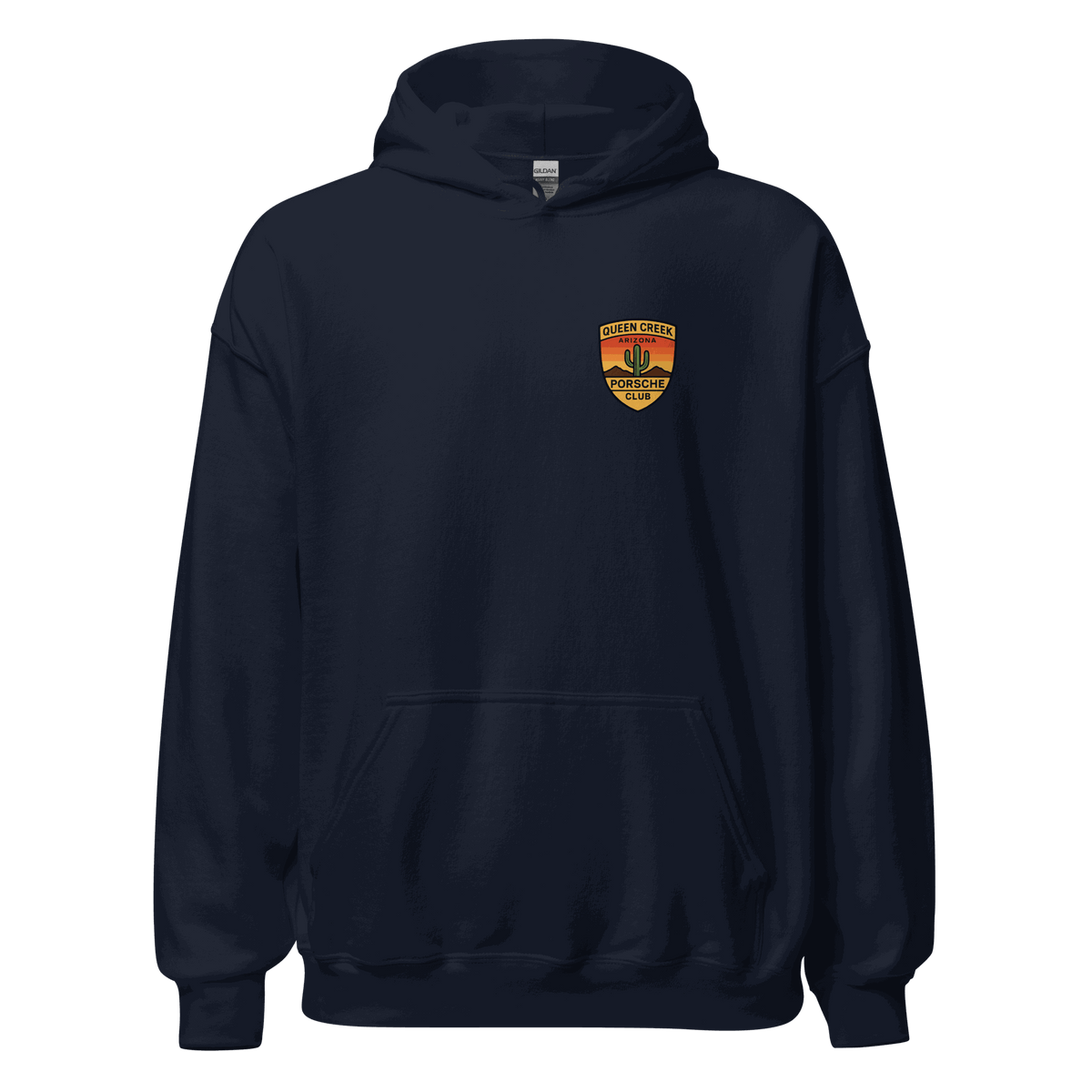 Queen Creek PCAR Club unisex navy hoodie with front pouch pocket and logo emblem