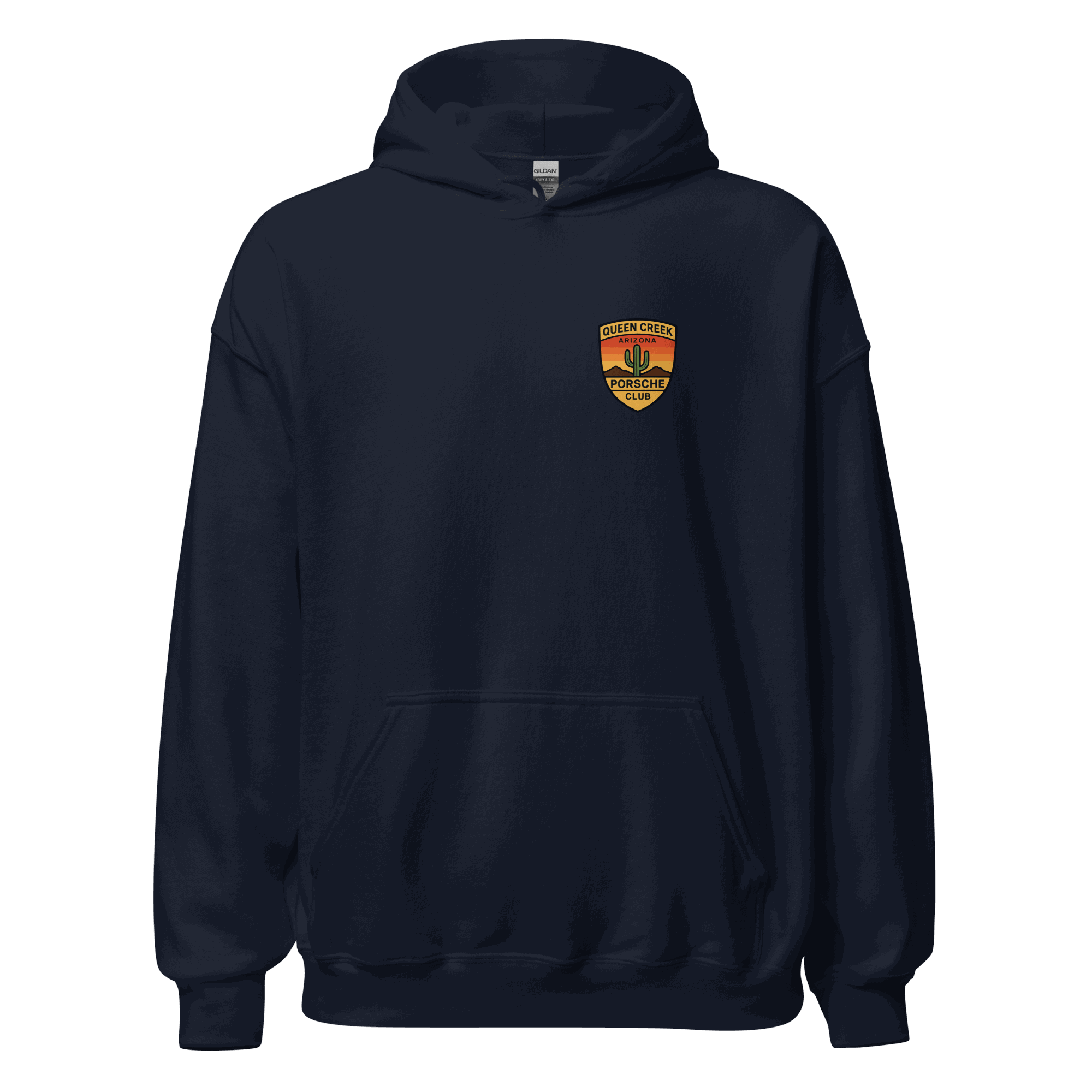Queen Creek PCAR Club unisex navy hoodie with front pouch pocket and logo emblem
