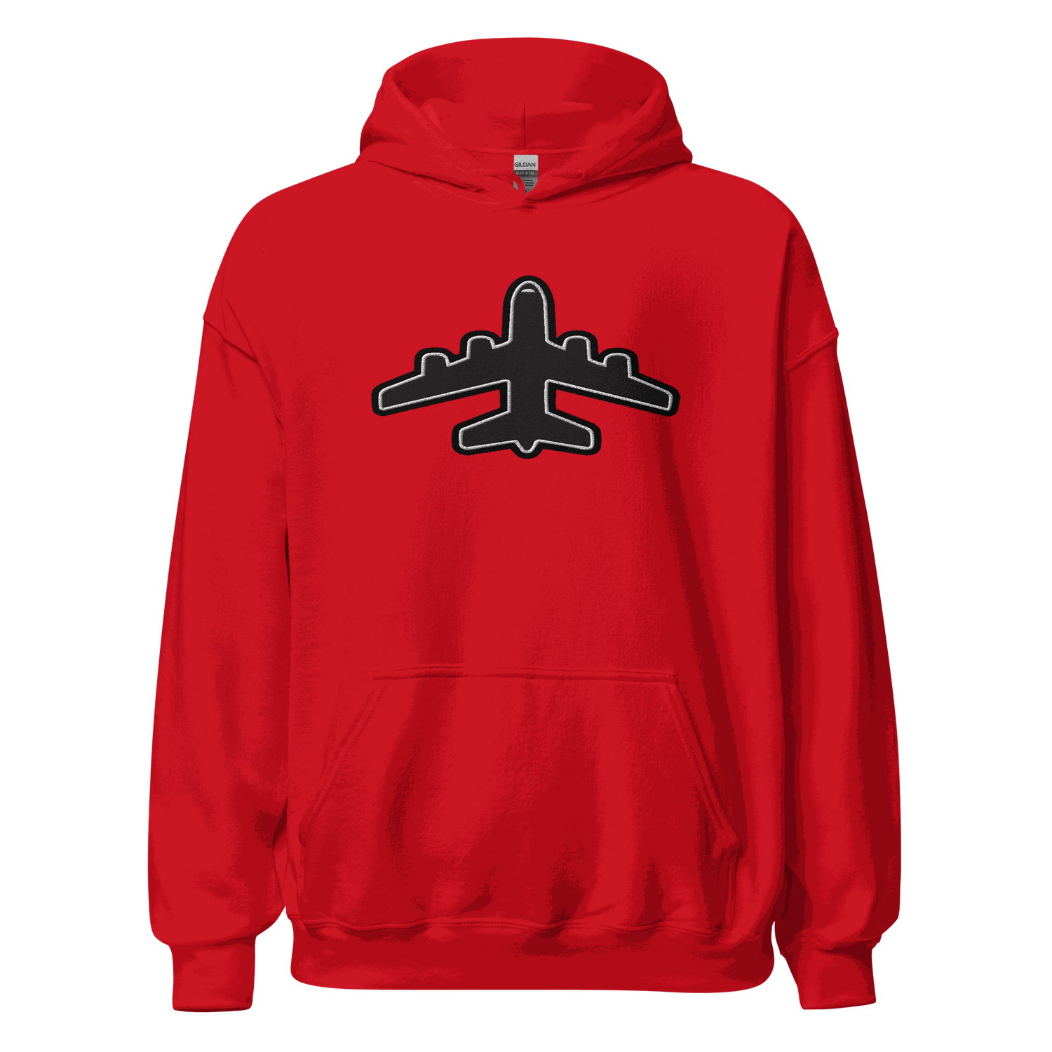 Red Jet pilot hoodie unisex hoodie with black airplane graphic and front pouch pocket, soft cotton-polyester blend.