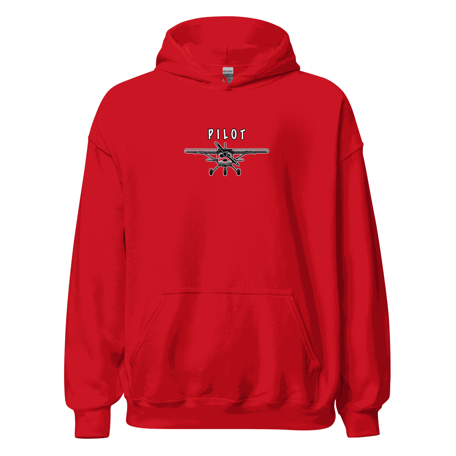 Red Aviation Pilot Unisex Hoodie with plane graphic and &quot;PILOT&quot; text, cozy and casual aviation apparel