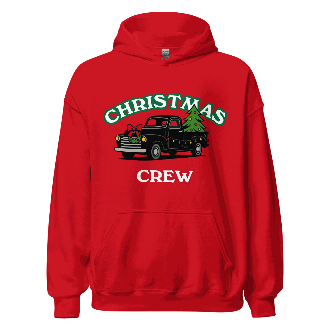 Red matching Christmas family hoodie set with festive &quot;Christmas Crew&quot; truck and tree design, cozy holiday sweatshirt for winter celebrations
