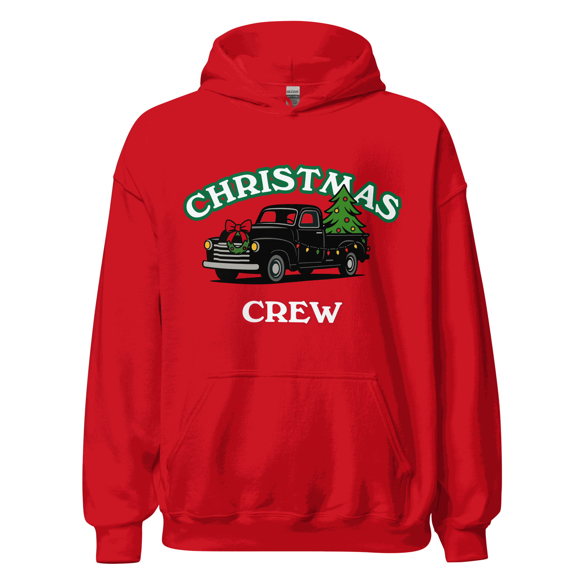 Red matching Christmas family hoodie set with festive "Christmas Crew" truck and tree design, cozy holiday sweatshirt for winter celebrations