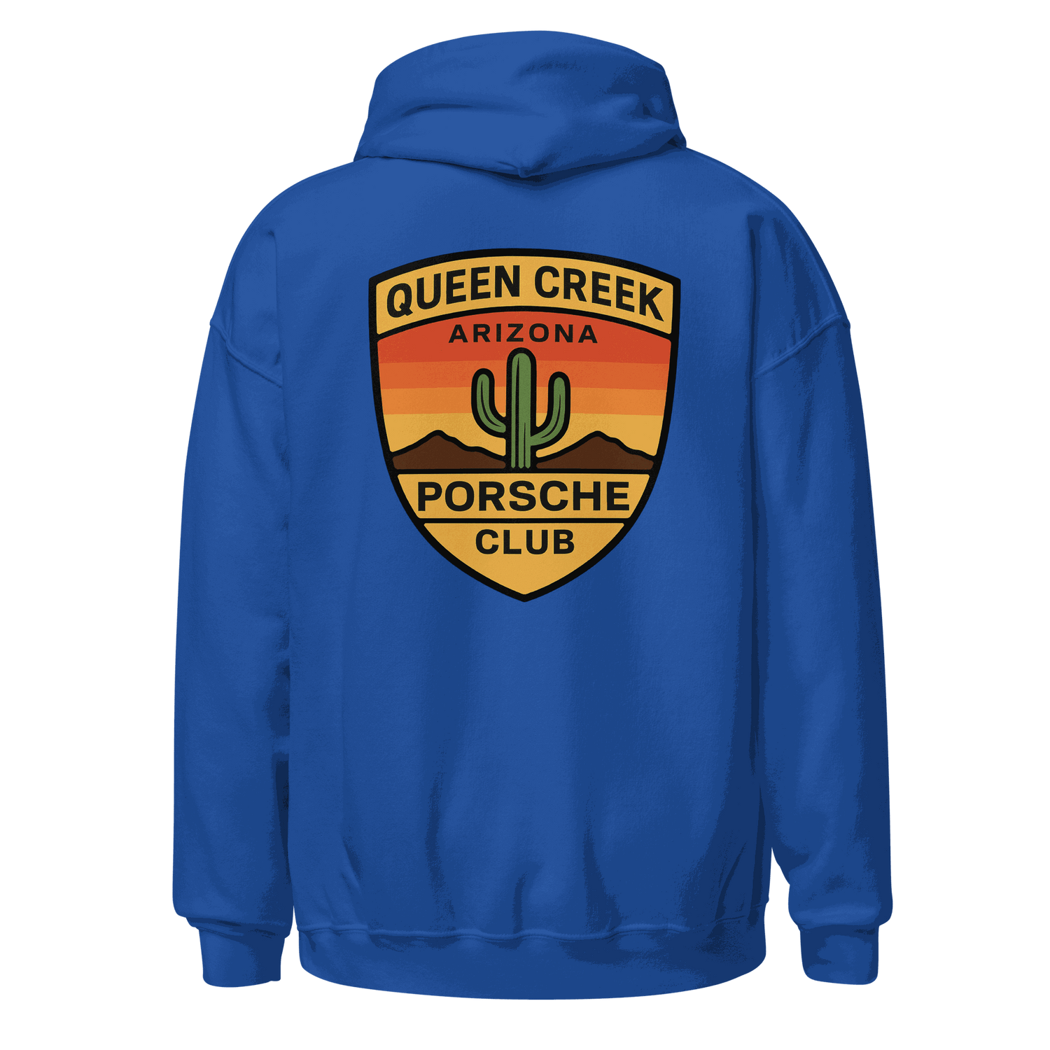 Blue Queen Creek PCAR Club unisex hoodie with Arizona desert logo on back