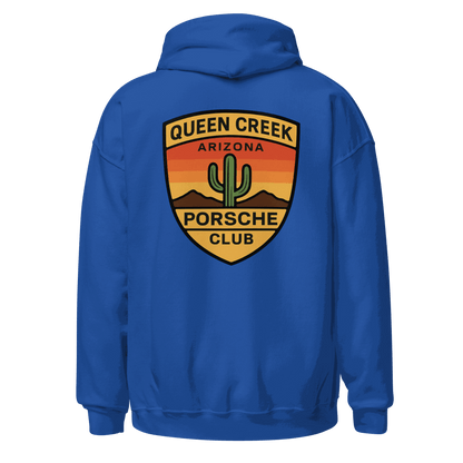 Blue Queen Creek PCAR Club unisex hoodie with Arizona desert logo on back