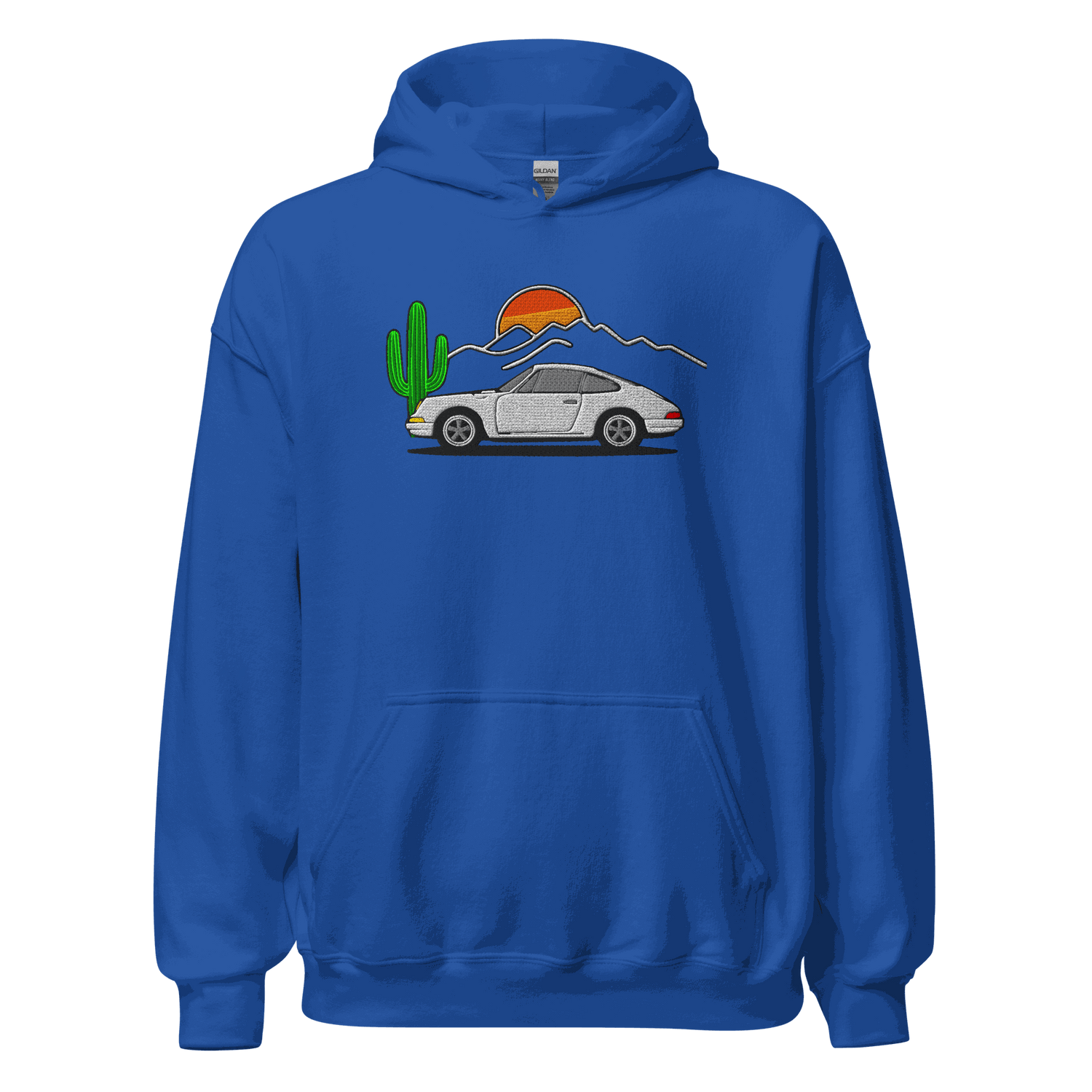 blue hoodie with embroidered sports car, cactus, and sunset design, unisex car enthusiast apparel